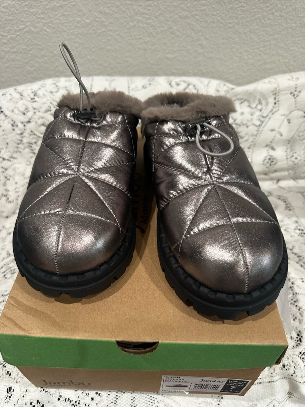 Jambu women Metallic Slip-On fur insideWinter Clog - Pewter 7 mNWOT